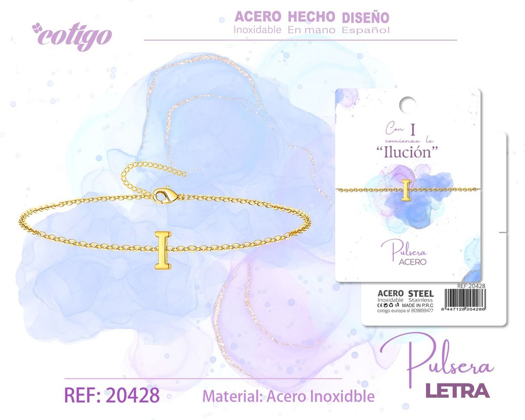 Pulsera con letra I en color dorado - Joyería de moda