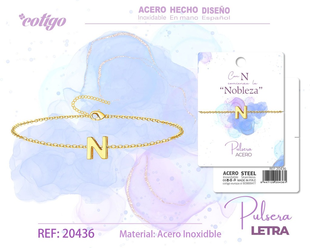 Pulsera con letra N en color dorado - Joyería de moda