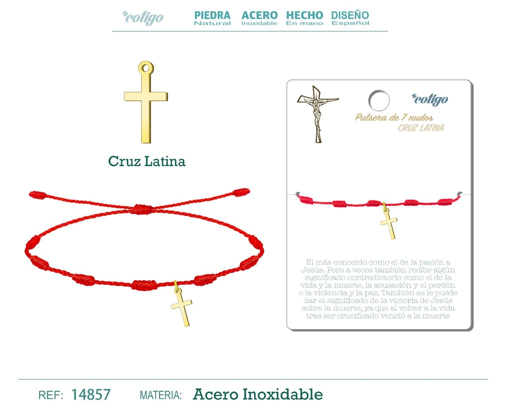 Pulsera de 7 nudos con cruz en acero dorado - Joyería y accesorios