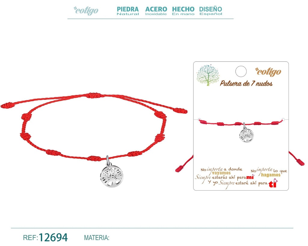 Pulsera de 7 nudos con árbol de la vida acero plateado - Joyería de nudos
