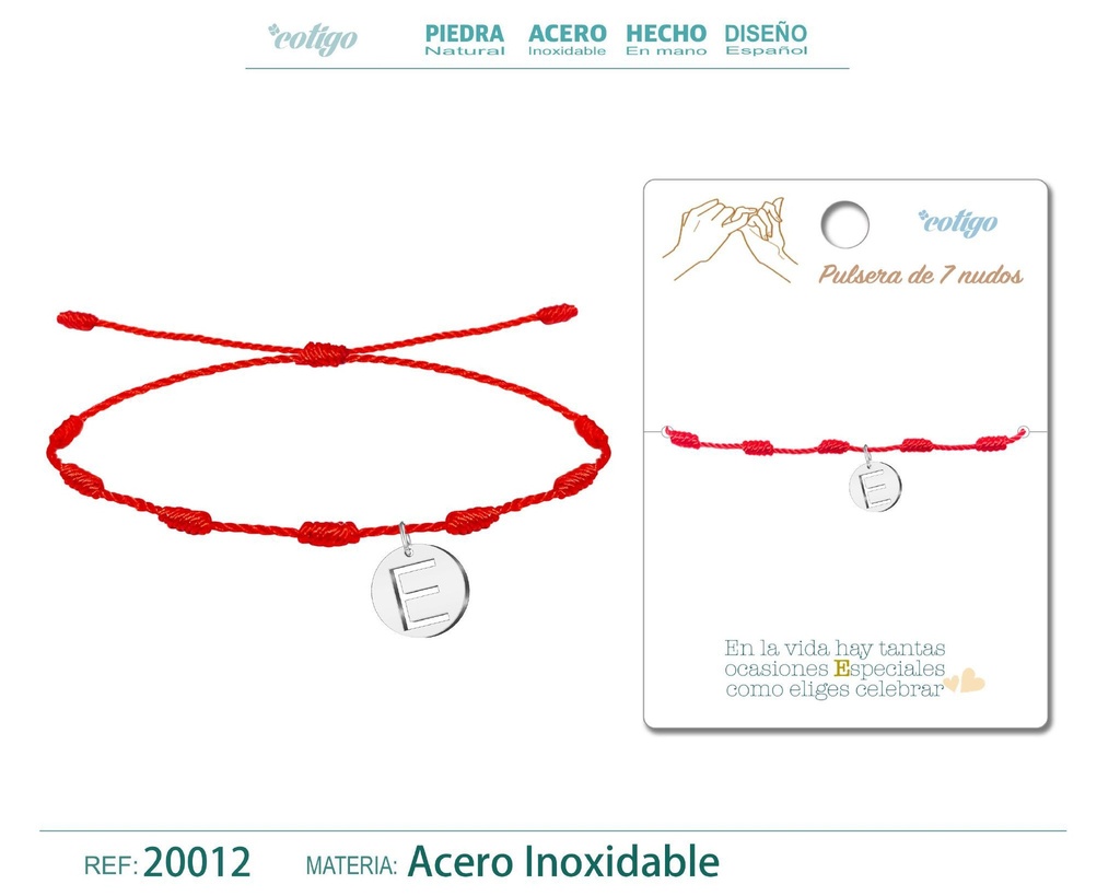 Pulsera de 7 nudos con letra E en color plateado - Accesorios de moda
