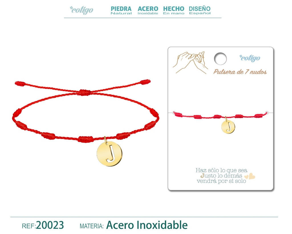 Pulsera de 7 nudos con letra J en color dorado - Joyería y accesorios