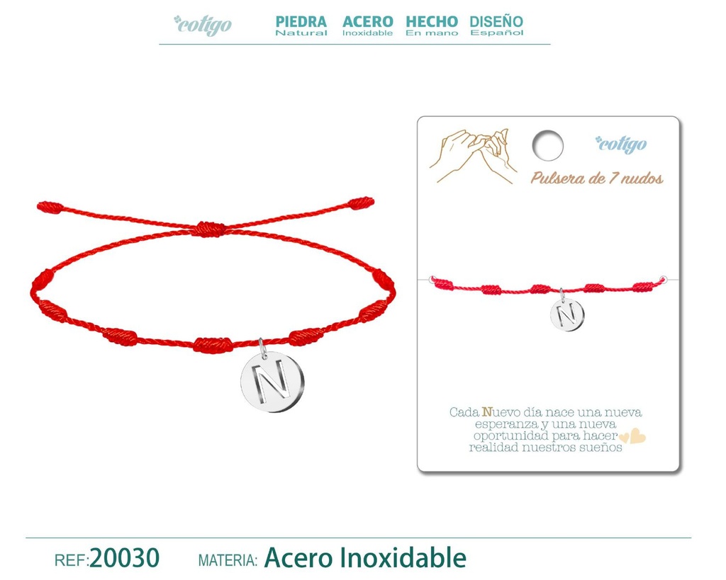Pulsera 7 nudos con letra N color plateado - Pulsera de nudos