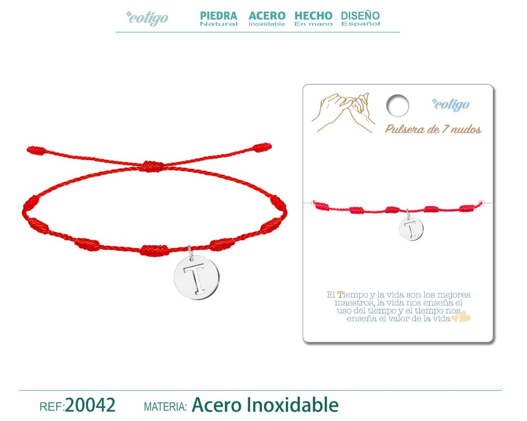 Pulsera 7 nudos con letra T color plateado - Pulsera de nudos