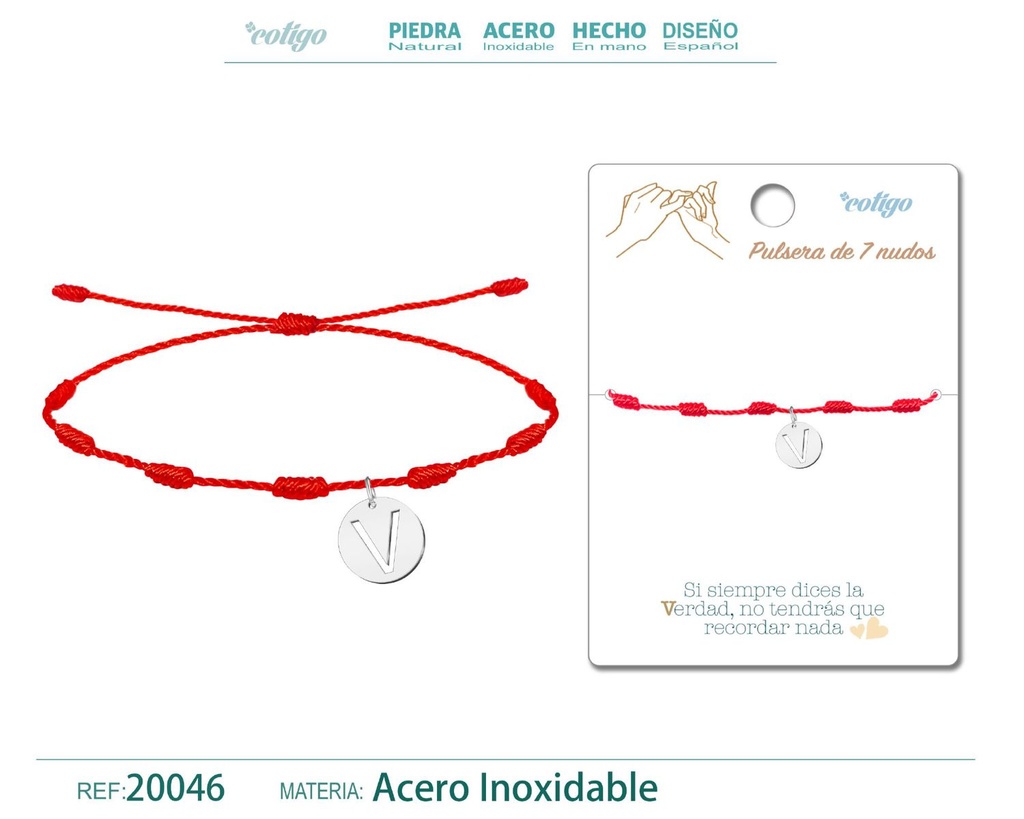 Pulsera 7 nudos con letra V color plateado - Pulsera de nudos