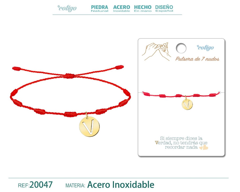 Pulsera 7 nudos con letra V color dorado - Pulsera de nudos