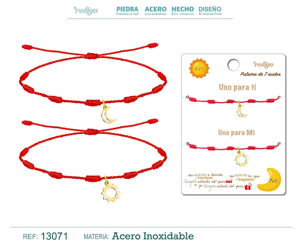 Pulsera de 7 nudos con luna y sol en acero dorado - Joyería de amistad para parejas 