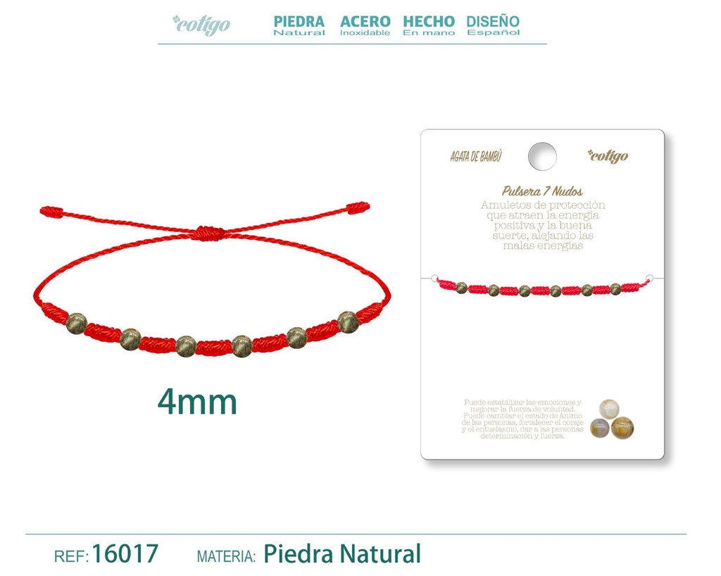 Pulsera de 7 Nudos con Ágata de bambú 4mm - Pulseras de piedras naturales