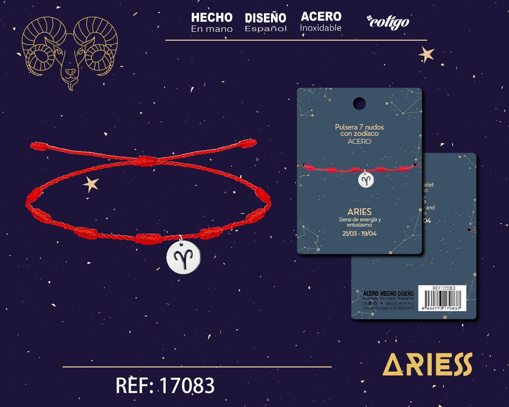 Pulsera de 7 Nudos con Aries en acero color plateado - Pulseras zodiacales