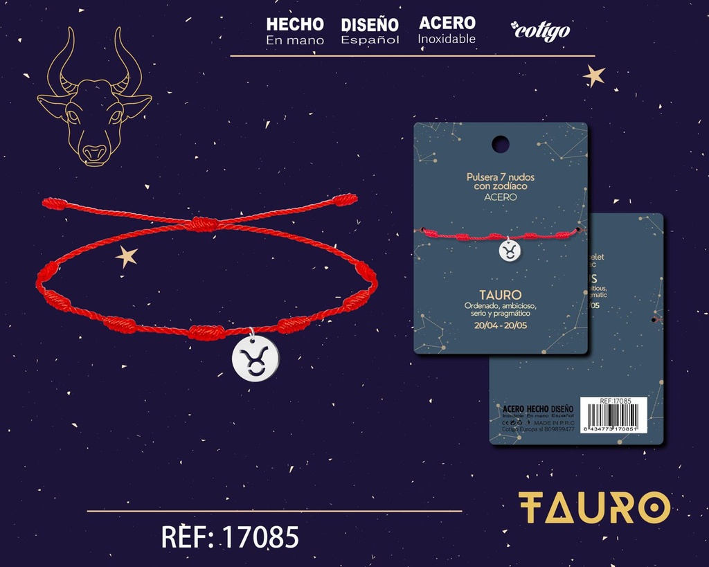 Pulsera de 7 Nudos con Tauro en acero color plateado - Pulseras zodiacales