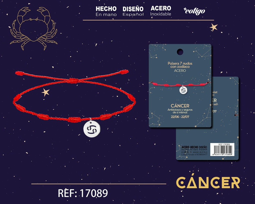 Pulsera de 7 Nudos con Cáncer en acero color plateado - Pulseras zodiacales