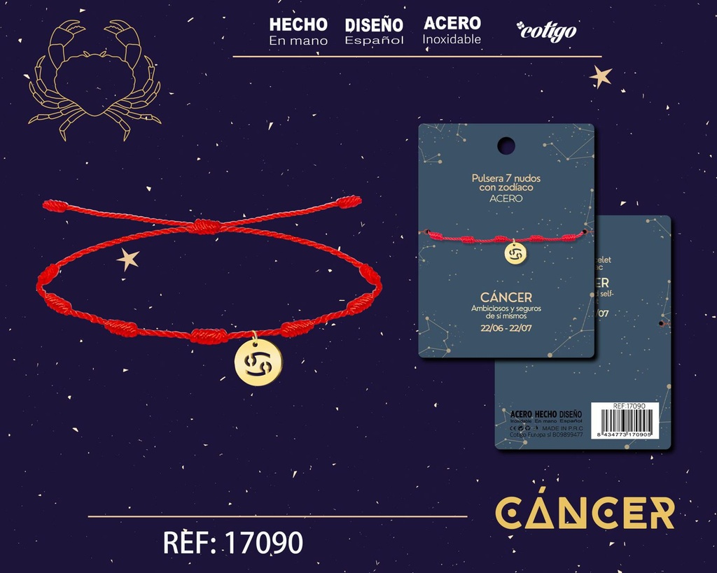 Pulsera de 7 Nudos con Cáncer en acero color dorado - Pulseras zodiacales