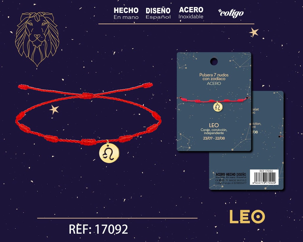 Pulsera de 7 Nudos con Leo en acero color dorado - Pulseras zodiacales