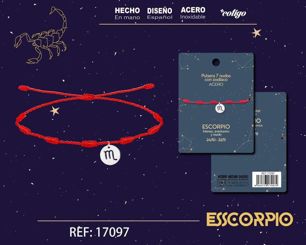 Pulsera de 7 Nudos con Escorpio en acero color plateado - Pulseras zodiacales