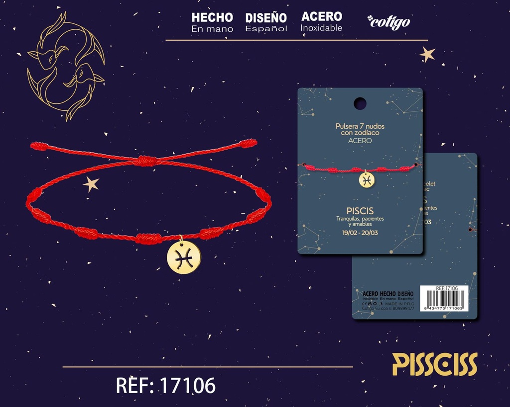 Pulsera de 7 Nudos con Piscis en acero color dorado - Pulseras zodiacales