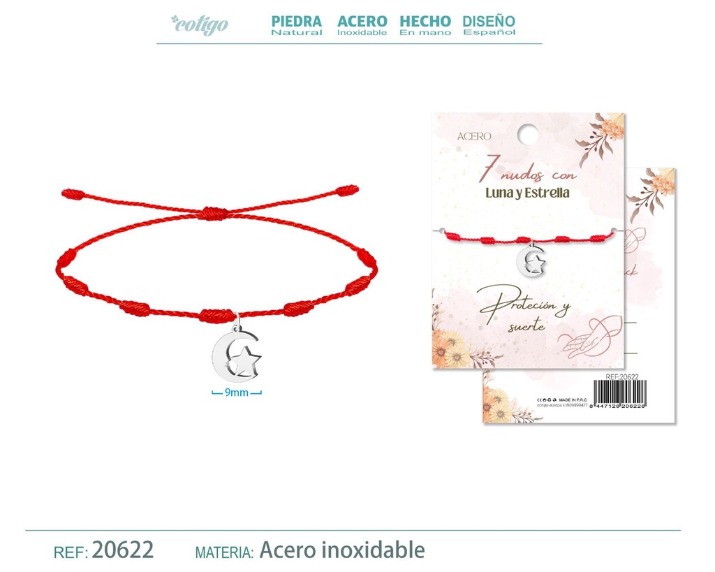 Pulsera de 7 Nudos con Luna y Estrella color plateado - Pulseras de suerte y protección