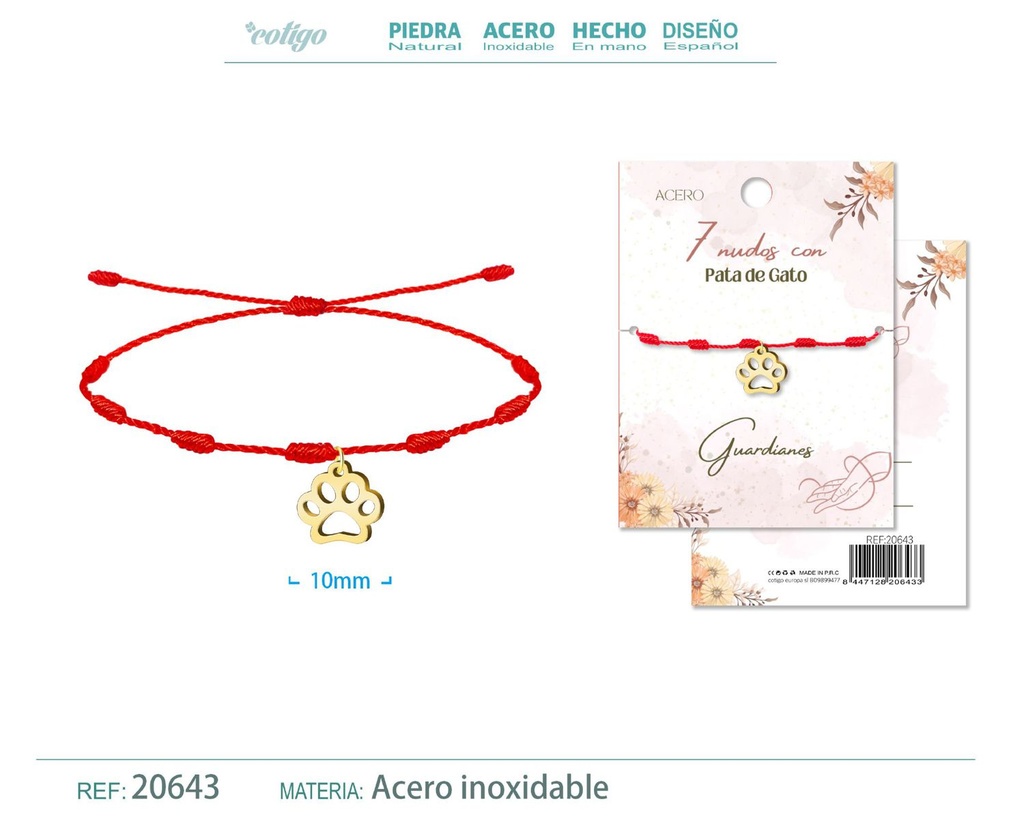 Pulsera de 7 Nudos con Pata de Gato color dorado - Pulseras de suerte y protección