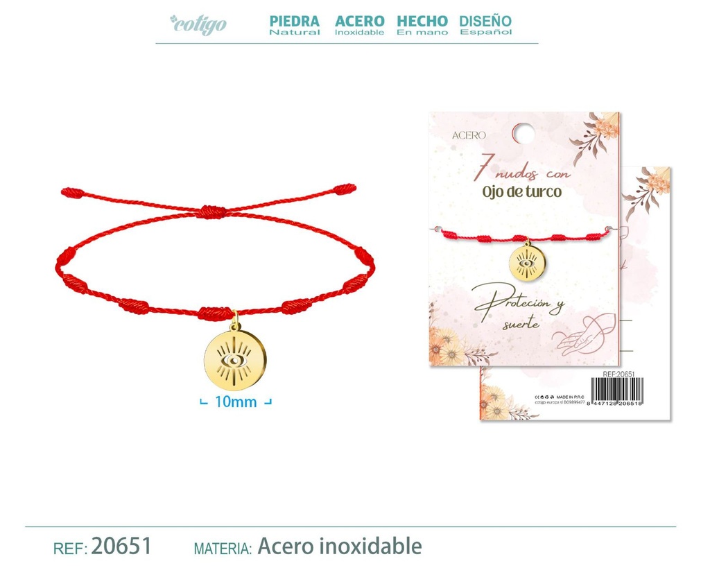 Pulsera de 7 Nudos con Ojo Turco color dorado - Pulseras de suerte y protección