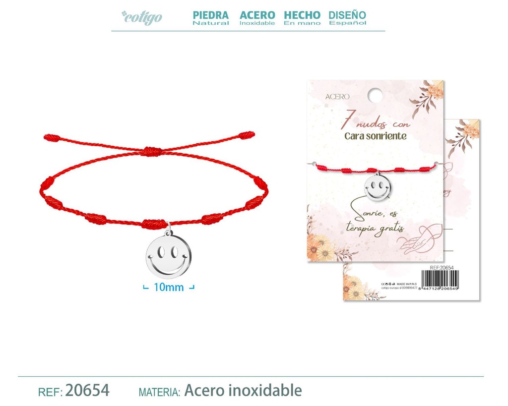 Pulsera de 7 Nudos con Cara sonriente color plateado - Pulseras de suerte y protección