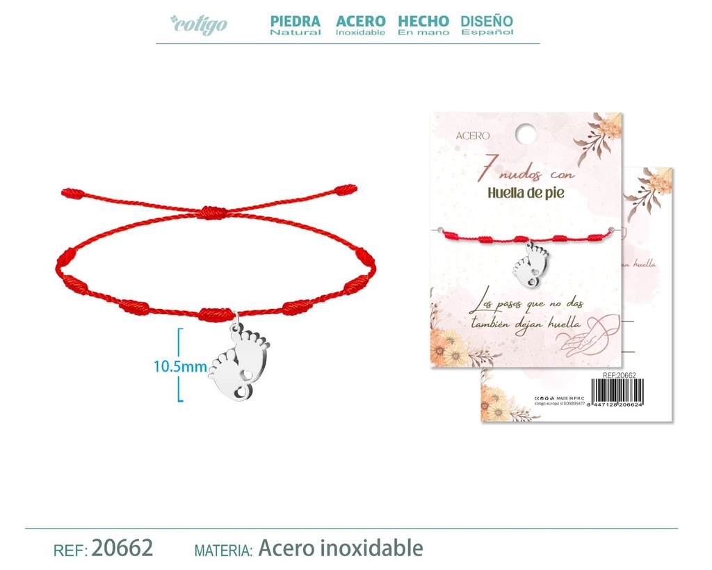 Pulsera de 7 Nudos con Huella de pie color plateado - Pulseras de suerte y protección