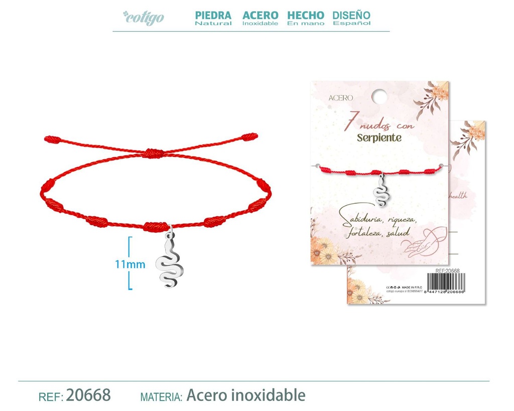 Pulsera de 7 Nudos con Serpiente color plateado - Pulseras de suerte y protección