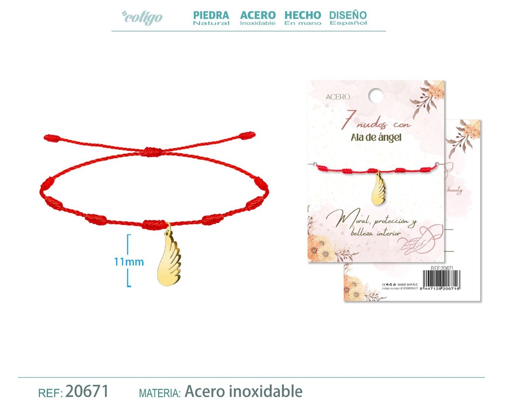 Pulsera de 7 Nudos con Ala de ángel color dorado - Pulseras de suerte y protección