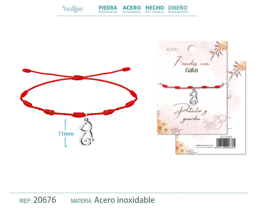 Pulsera de 7 Nudos con Gato color plateado - Pulseras de suerte y protección