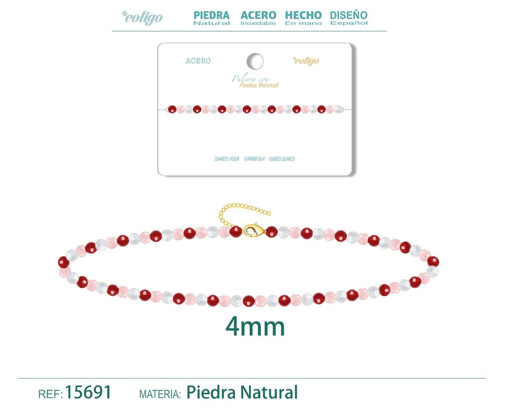 Pulsera de carneola, cuarzo blanco y cuarzo rosa de 4 mm - Joyería de moda y pulseras