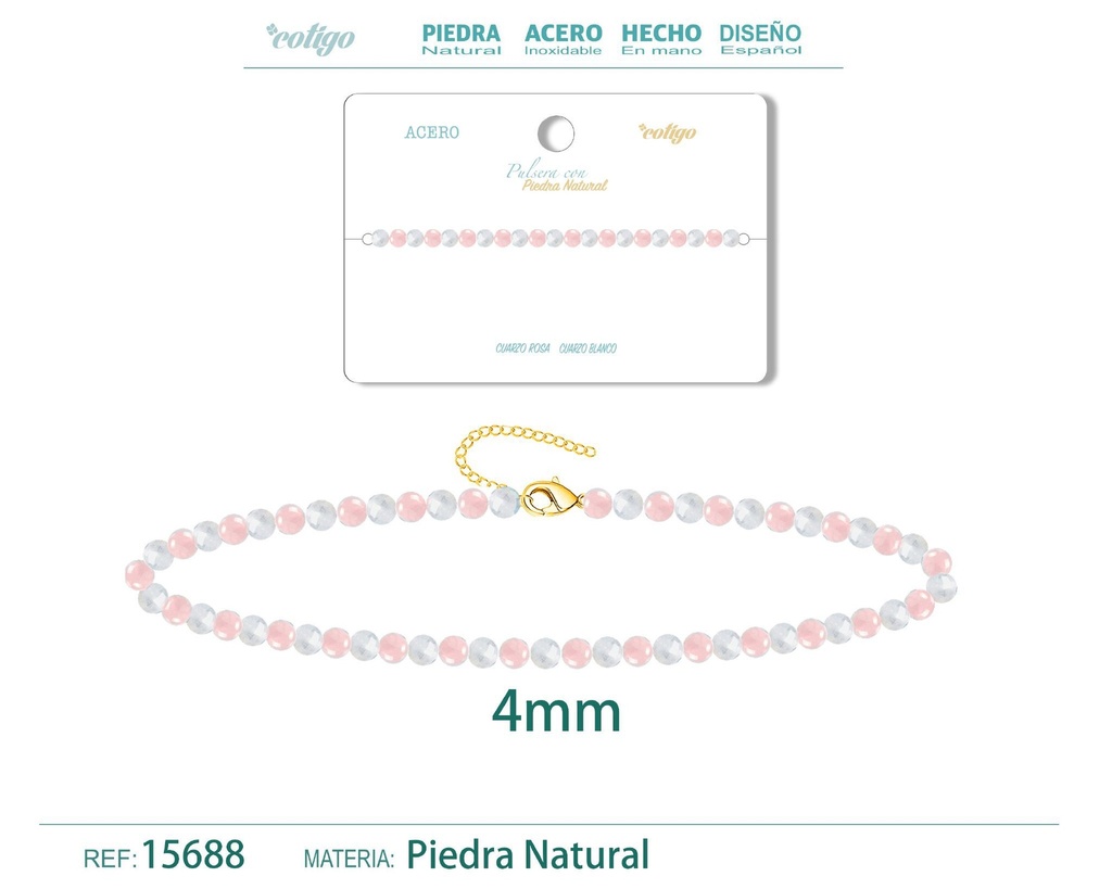Pulsera de cuarzo rosa y cuarzo blanco de 4 mm - Joyería de moda y pulseras