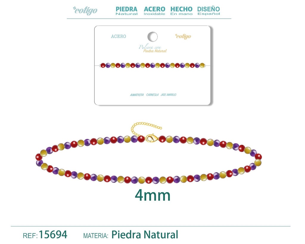 Pulsera de carneola, jade amarillo y amatista de 4 mm - Joyería de moda y pulseras