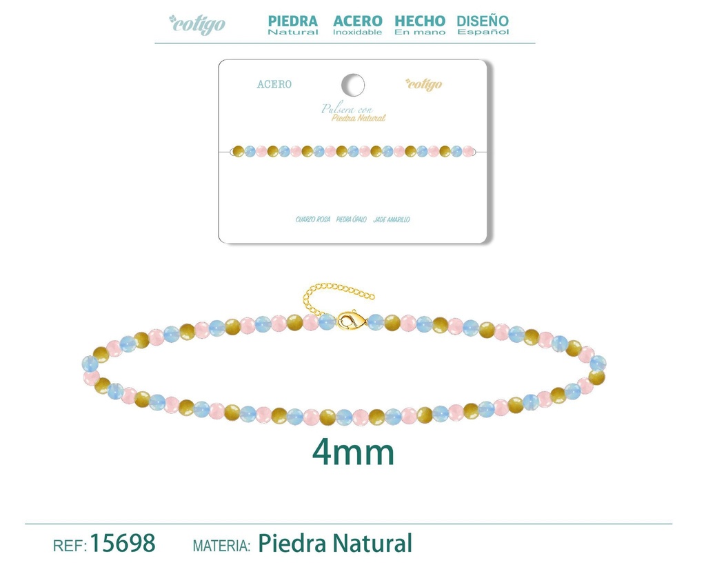 Pulsera de jade amarillo, cuarzo rosa y opalina de 4 mm - Joyería de moda y pulseras