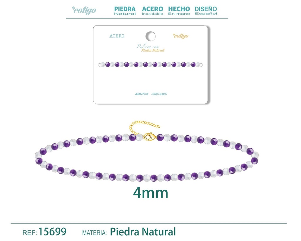 Pulsera de amatista y cuarzo blanco de 4 mm - Joyería de moda y pulseras