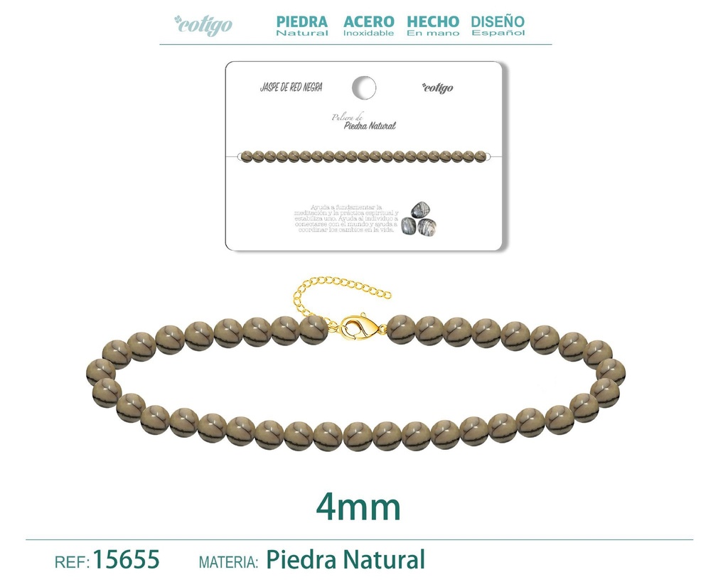 Pulsera de jaspe de red negra 4 mm - Joyería de piedra natural y acero
