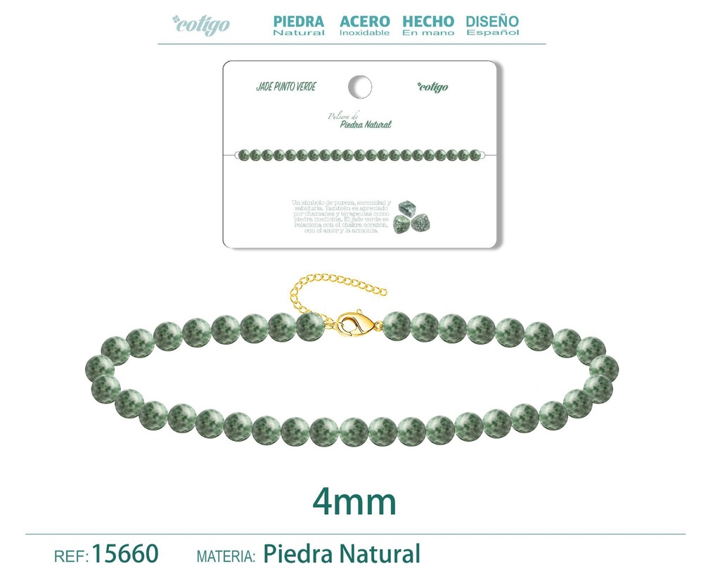 Pulsera de jade punto verde 4 mm - Joyería de piedra natural y acero