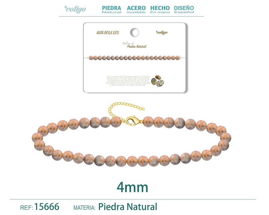 Pulsera de ágata encaje loco 4 mm - Joyería de piedra natural y acero