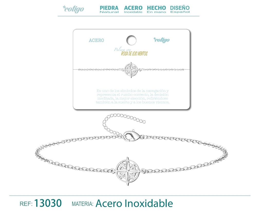 Pulsera Rosa de los Vientos de Acero Plateado - Accesorios de joyería y pulseras