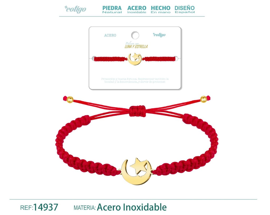 Pulsera de hilo destino con luna y estrella acero dorado - Joyería que recibe luz estelar