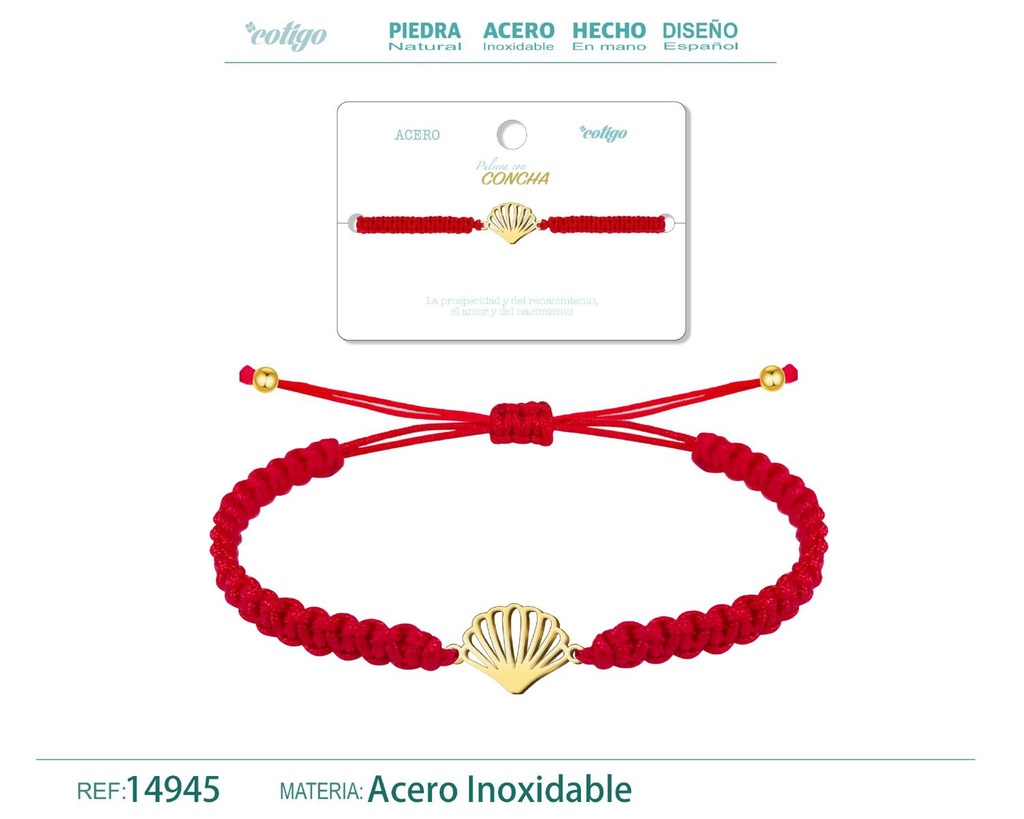 Pulsera de hilo destino con concha acero dorado - Accesorios que llevan la esencia del océano
