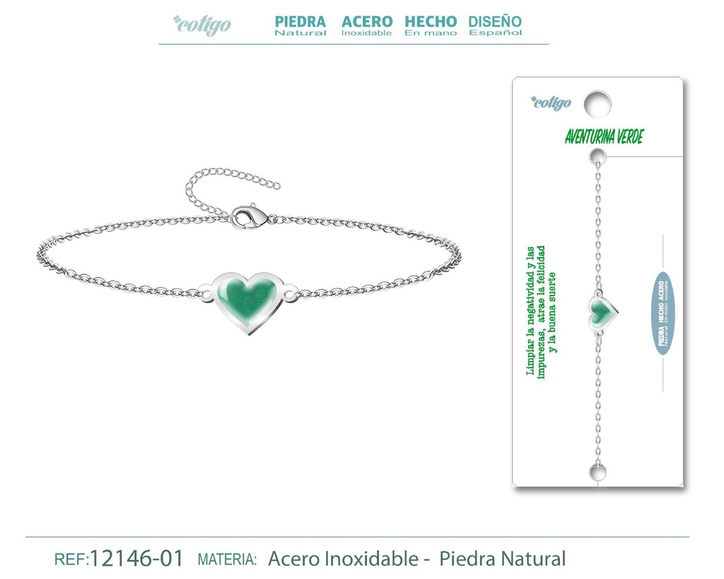 Pulsera corazón con Aventurina verde - Plateada - Joyería de minerales y accesorios