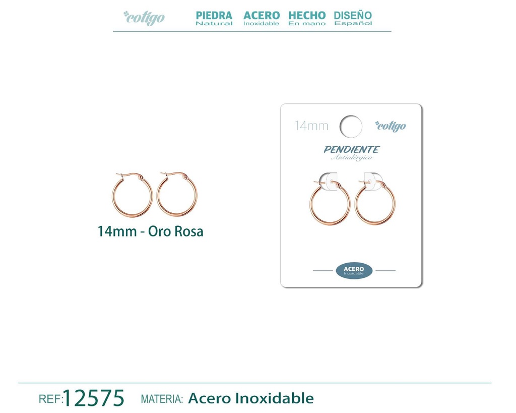 Pendiente aro de acero - 14mm color rosa - Joyería de acero inoxidable