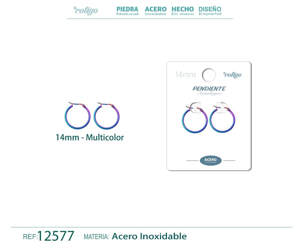 Pendiente aro de acero - 14mm multicolor - Joyería de acero inoxidable