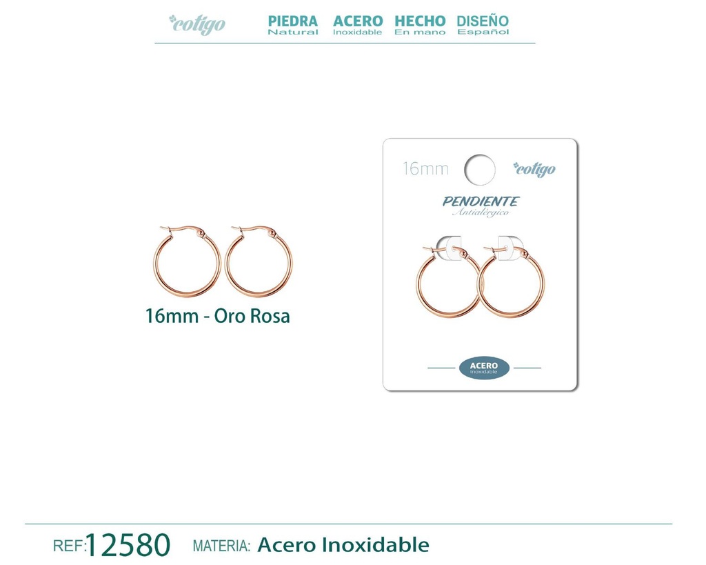 Pendiente aro de acero - 16mm color rosa - Joyería de acero inoxidable