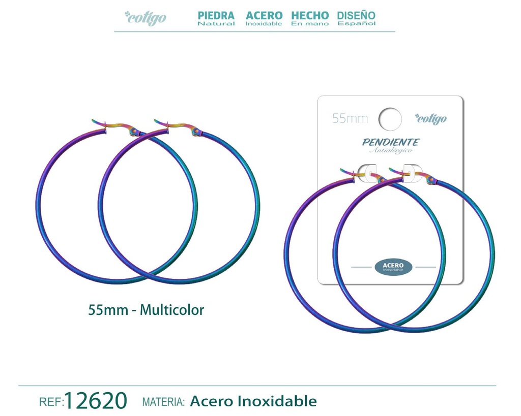 Pendiente aro de acero - 55mm multicolor - Joyería de acero inoxidable