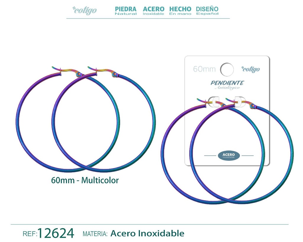 Pendiente aro de acero - 60mm multicolor - Joyería de acero inoxidable