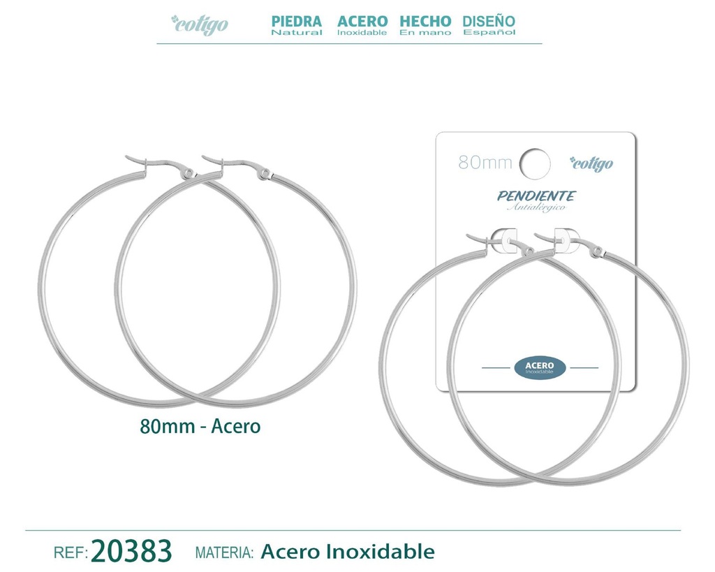 Pendiente aro de acero - 80mm plateado - Joyería de acero inoxidable