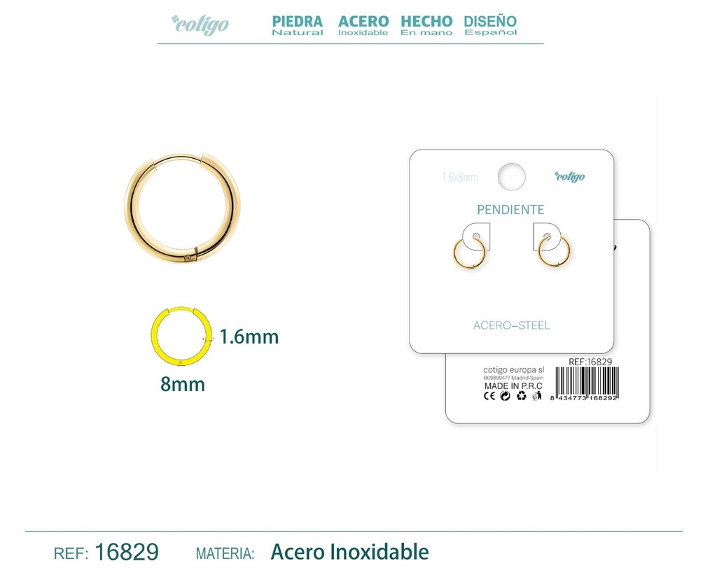 Pendiente aro de acero 1.6x8 mm dorado - Joyería de acero