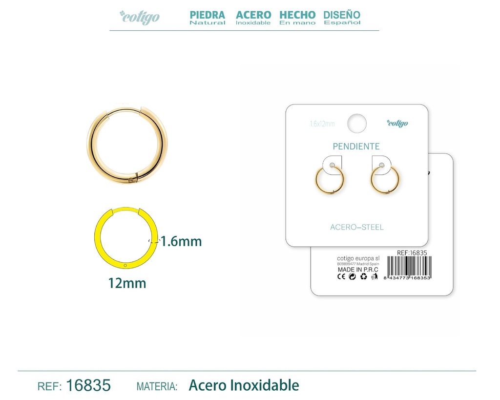 Pendiente aro de acero 1.6x12 mm dorado - Joyería de acero