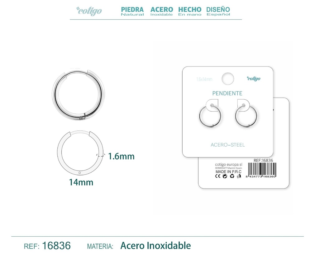 Pendiente aro de acero 1.6x14 mm plateado - Joyería de acero