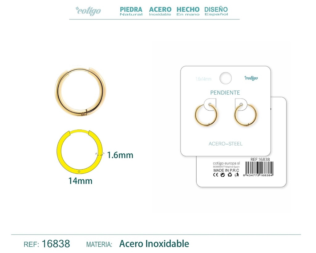Pendiente aro de acero 1.6x14 mm dorado - Joyería de acero