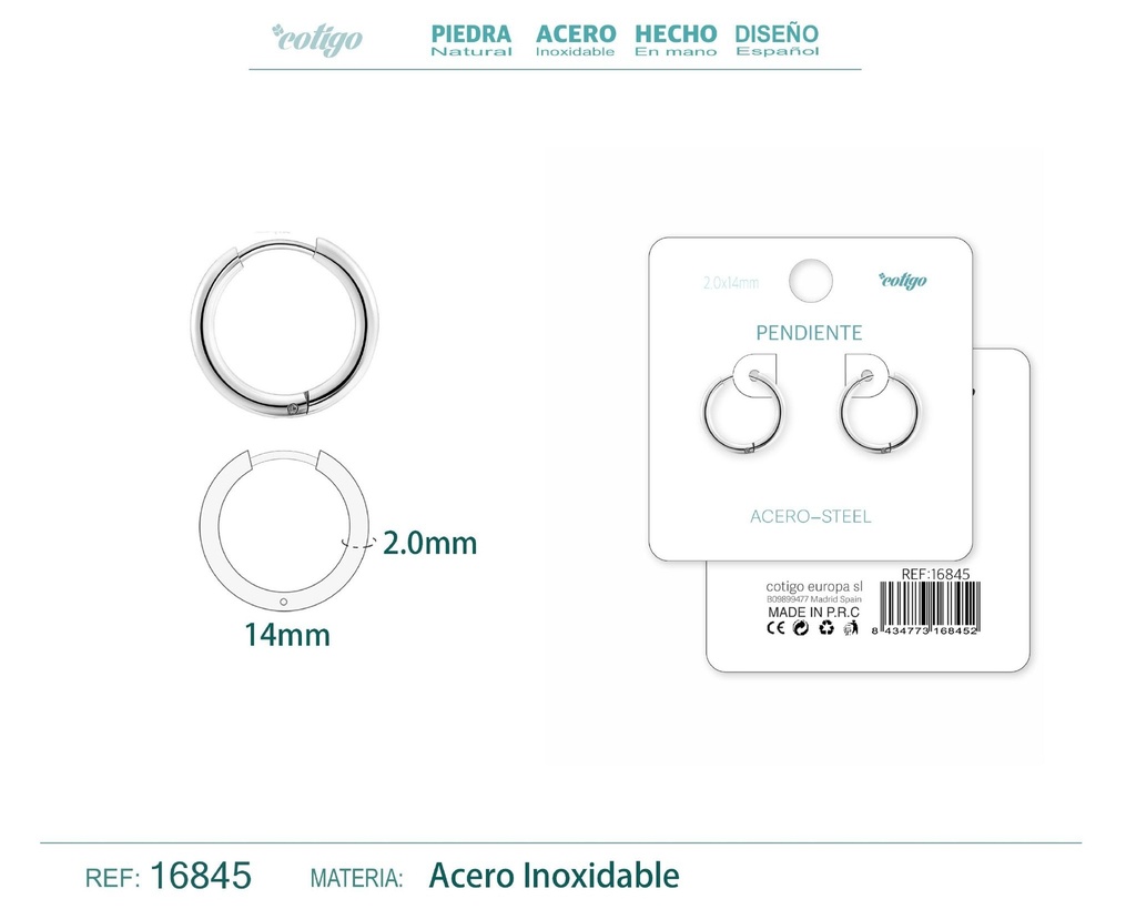 Pendiente aro de acero 2.0x14 mm plateado - Joyería de acero